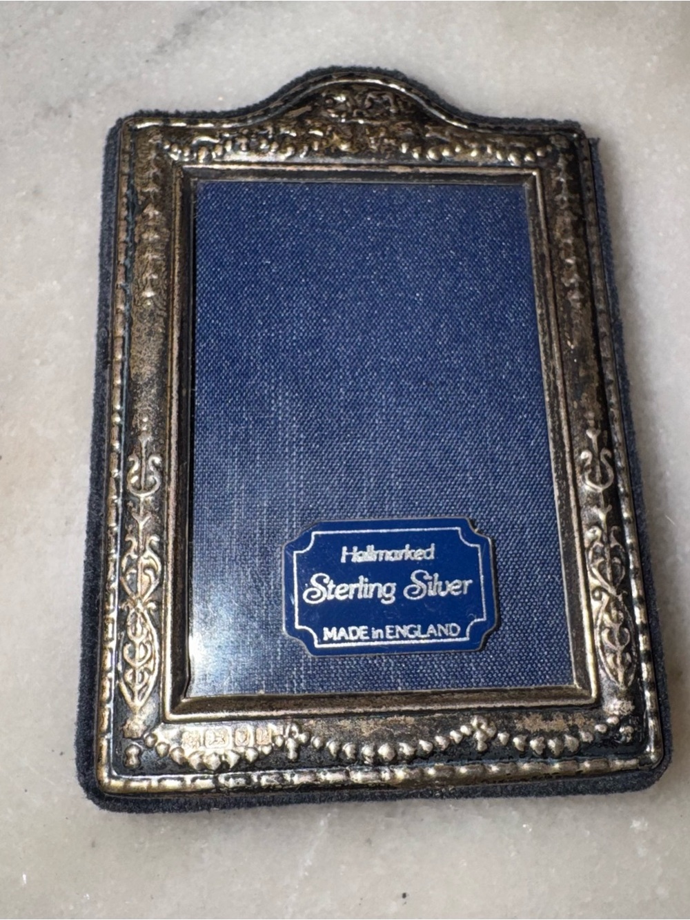 Sterling silver photo frame vintage easel unused velvet back England